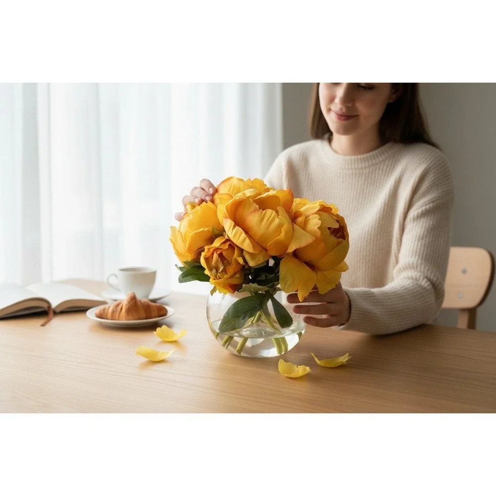 Faux Peony Arrangement OS Yellow Brand New Silk Flowers Glass Vase